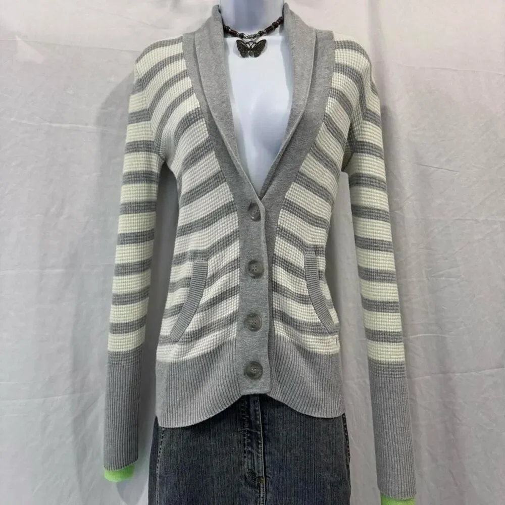 Y2K American Eagle Cream Grey Striped Cardigan Size S/P Preppy Long Sleeve